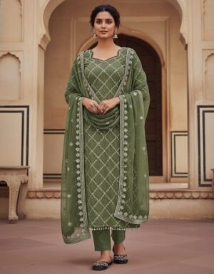 New Fancy Embroidered Plazzo In Mehndi Color