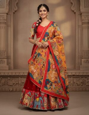 Red Kalamkari Print Lehenga
