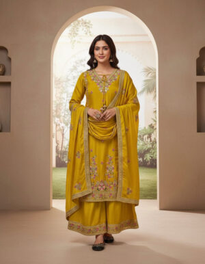 Yellow Heavy Chinnon Dress Plazzo suit