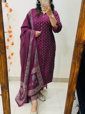 Pure Cotton Angrakha Style Kurti, Pant, Dupatta