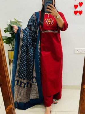 Pure Cotton Angrakha Style Kurti, Pant, Dupatta