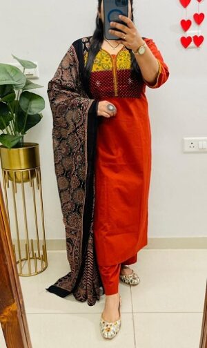 Pure Cotton Angrakha Style Kurti, Pant, Dupatta