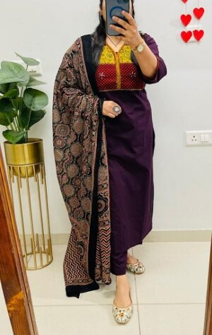 Pure Cotton Angrakha Style Kurti, Pant, Dupatta