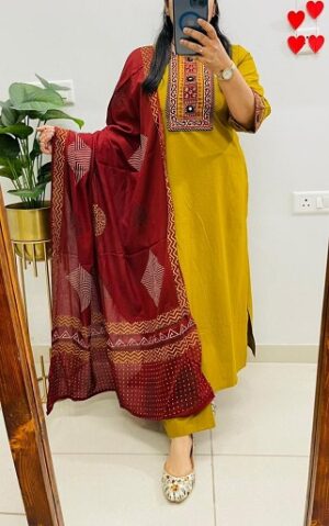 Pure Cotton Angrakha Style Kurti, Pant, Dupatta
