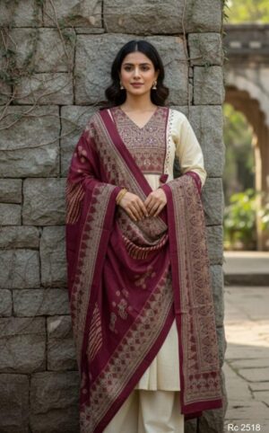 Pure Cotton Angrakha Style Kurti, Pant, Dupatta