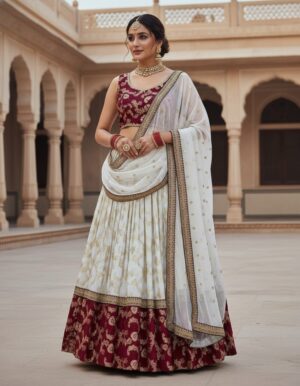 Jequrd Codeing with Sequnce Semi Stitch Red Lehengha
