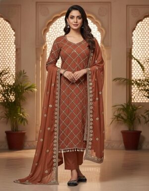 New Fancy Embroidered Dark Orange Suit