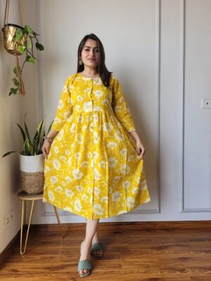 Pure Cotton One Piece In Yellow Colour With Beautiful Design