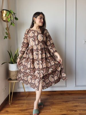 Pure Cotton One Piece With Beautiful Design in Brown Colour