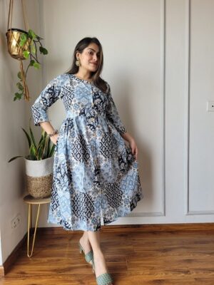 Pure Cotton Blue Colour One Piece Frock Style