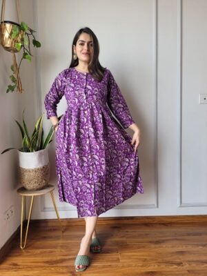 Pure Cotton Purple Colour One Piece Frock Style