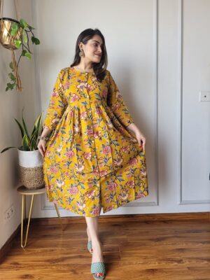 Pure Cotton Yellow Colour One Piece Frock Style