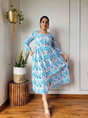 Pure Cotton Blue Colour One Piece Frock Style