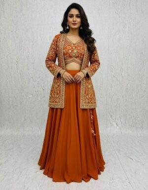 New Modern Embroidered Orange Lehnga With Jacket