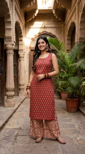 Hand Block Printed Round Neck Straight Kurti & Plaazo