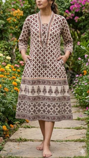 Pure Ajrakh Cotton Handblock Pritnted One Piece