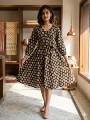 Bagru Hand Block Printed Long Dress/ One piece