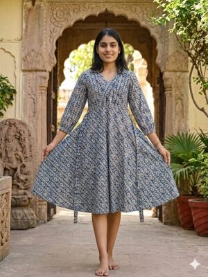 Bagru Hand Block Printed Long Dress/ One piece