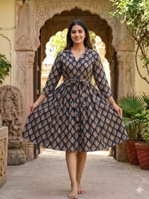 Bagru Hand Block Printed Long Dress/ One piece