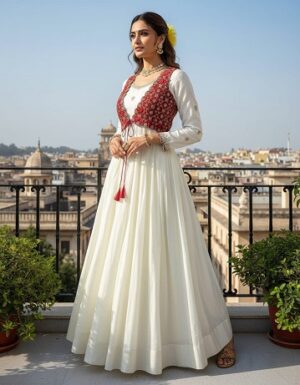 Bandhej Gown With Attach Shrug
